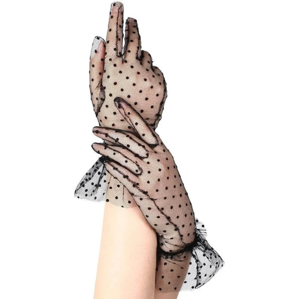 Women's Evening Black Elegant Polka Dot Mitten Lace Gloves Party Tea Accessories